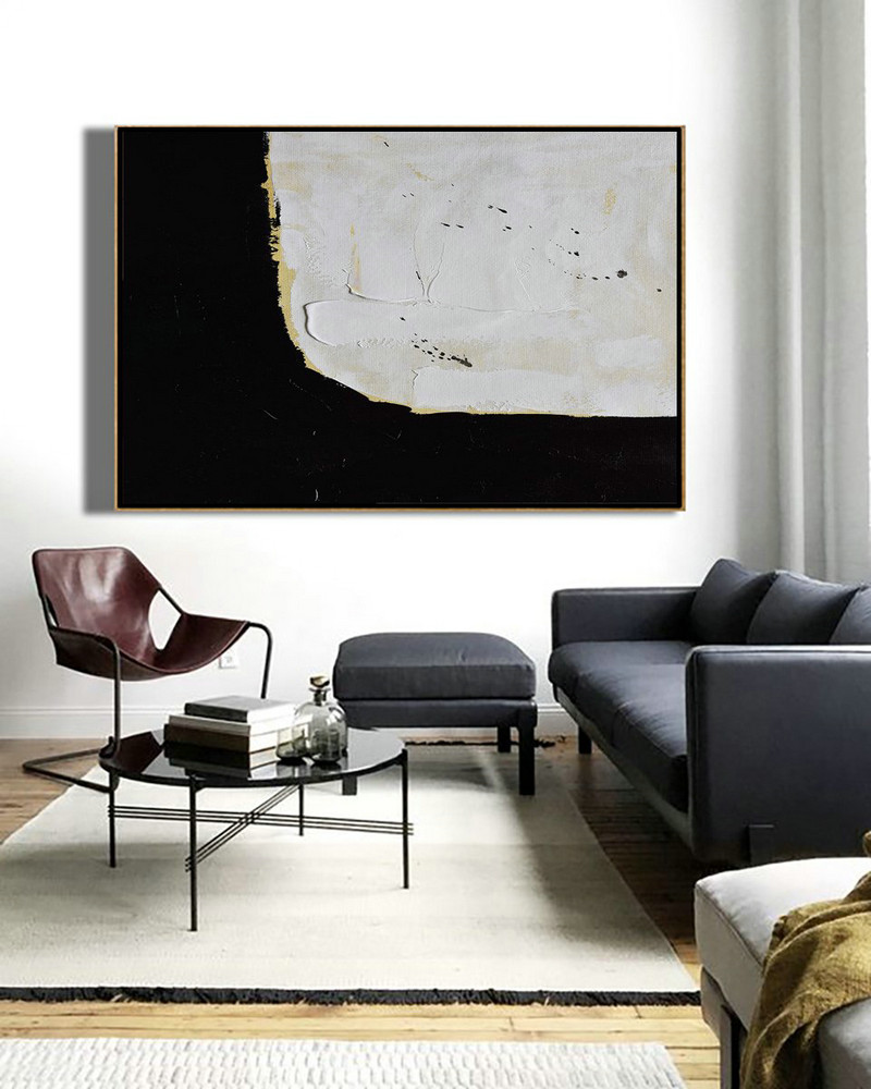 Extra Large Paintings,Horizontal Palette Knife Minimal Canvas Art Painting Black White Beige - Extra Large Wall Art